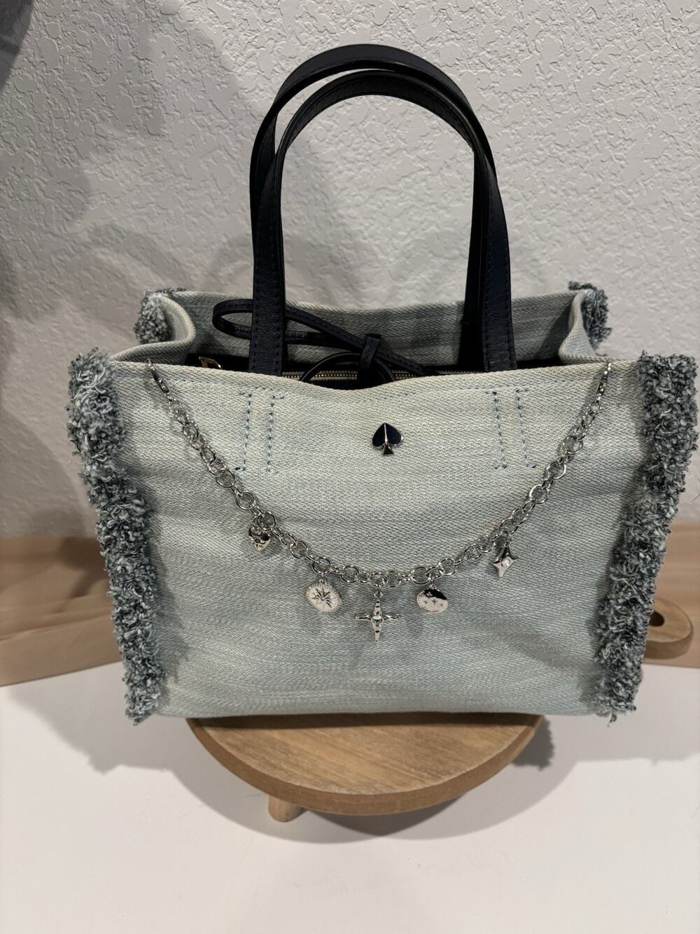 Kate Spade New York Denim Tote Bag Navy Blue Handles Fringe Charm Chain